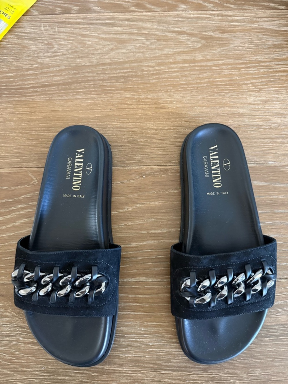 Valentino Black Slide Sandals with Chain Detail